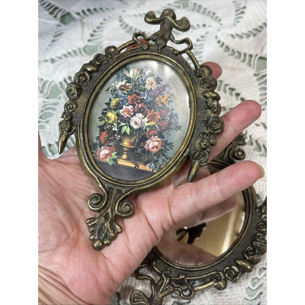 Vintage Victorian Brass Ornate Frames Floral Art and Mirrors Italy Set of 3
